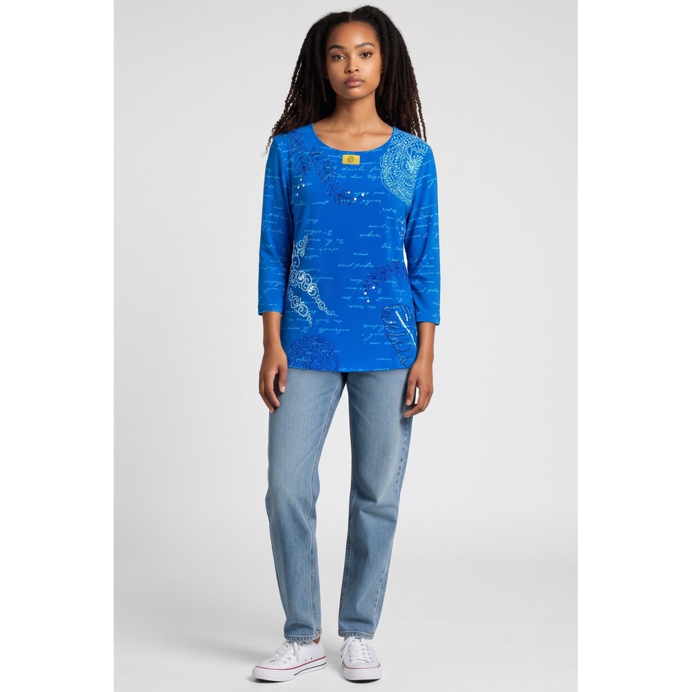 Ruby Rd Petite Blue 3/4 Sleeve Sequin Mandala Script Graphic Top PS